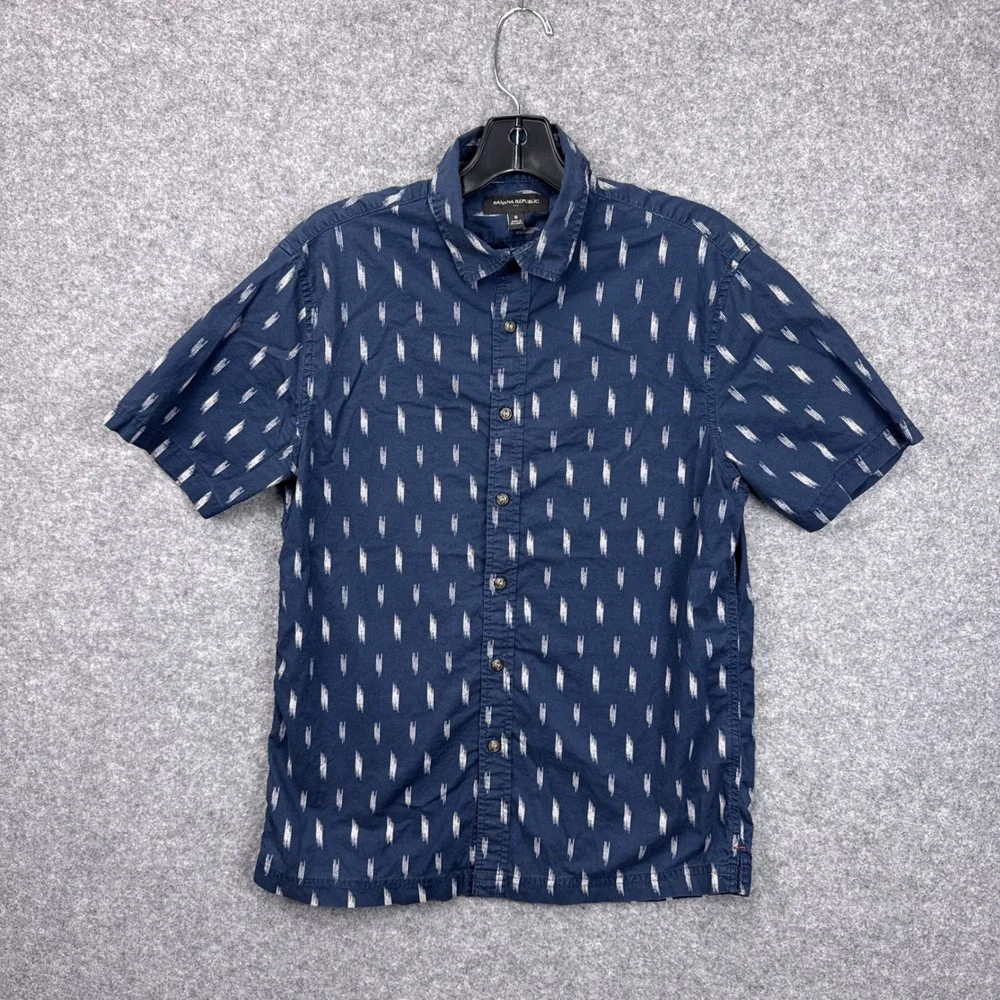 Banana Republic Mens Navy Blue Ikat Print Cotton Short Sleeve Button Down Size S